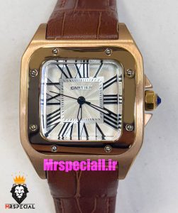 ساعت کارتیه مردانه مدل سانتوس بند چرم قهوه ای قاب رزگلد صفحه سفید 021048 Cartier Santos100 