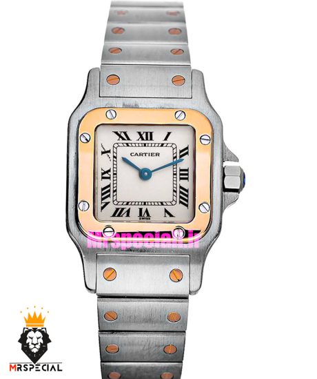 ساعت زنانه کارتیه سانتوس کوارتز دو رنگ رزگلد صفحه سفید 01787 Cartier Santos