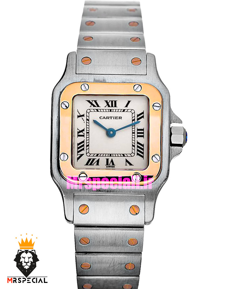 ساعت زنانه کارتیه سانتوس کوارتز دو رنگ رزگلد صفحه سفید 01787 Cartier Santos