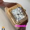 ساعت کارتیه مردانه مدل سانتوس بند چرم قهوه ای قاب رزگلد صفحه سفید 021048 Cartier Santos100