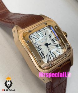 ساعت کارتیه مردانه مدل سانتوس بند چرم قهوه ای قاب رزگلد صفحه سفید 021048 Cartier Santos100 