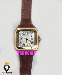 ساعت کارتیه مردانه مدل سانتوس بند چرم قهوه ای قاب رزگلد صفحه سفید 021048 Cartier Santos100 