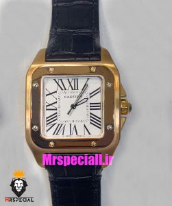 ساعت کارتیه مردانه مدل سانتوس بند چرم مشکی قاب رزگلد صفحه سفید 021049 Cartier Santos100