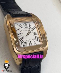 ساعت کارتیه مردانه مدل سانتوس بند چرم مشکی قاب رزگلد صفحه سفید 021049 Cartier Santos100