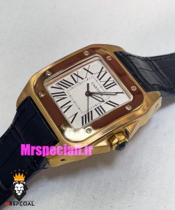 ساعت کارتیه مردانه مدل سانتوس بند چرم مشکی قاب رزگلد صفحه سفید 021049 Cartier Santos100