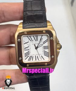 ساعت کارتیه مردانه مدل سانتوس بند چرم مشکی قاب رزگلد صفحه سفید 021049 Cartier Santos100