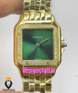 ساعت کارتیه زنانه مدل پنتر طلایی قاب نگین صفحه سبز CARTIER PANTHRE 021050