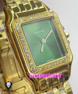 ساعت کارتیه زنانه مدل پنتر طلایی قاب نگین صفحه سبز CARTIER PANTHRE 021050