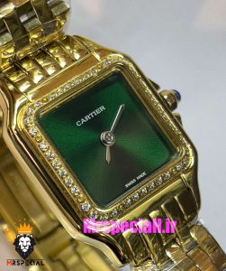 ساعت کارتیه زنانه مدل پنتر طلایی قاب نگین صفحه سبز CARTIER PANTHRE 021050
