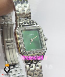 ساعت کارتیه زنانه مدل پنتر استیل قاب نگین صفحه سبز CARTIER PANTHRE 021052