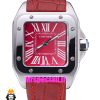 ساعت کارتیه زنانه مدل سانتوس بند چرم قرمز قاب استیل صفحه قرمز 021047 Cartier Santos100