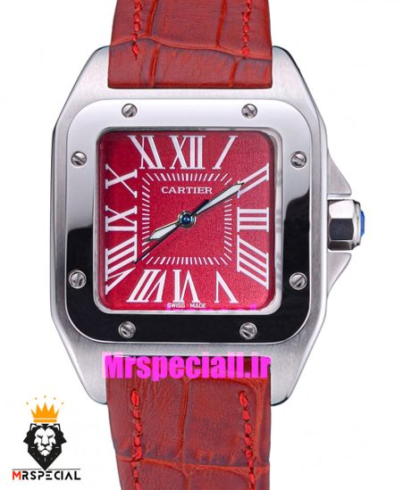 ساعت کارتیه زنانه مدل سانتوس بند چرم قرمز قاب استیل صفحه قرمز 021047 Cartier Santos100