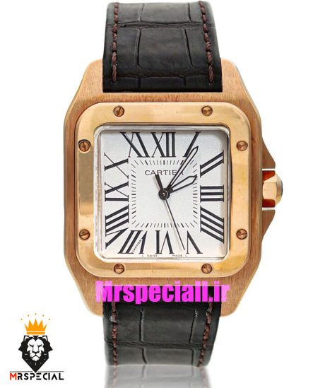 ساعت کارتیه مردانه مدل سانتوس بند چرم مشکی قاب رزگلد صفحه سفید 021049 Cartier Santos100