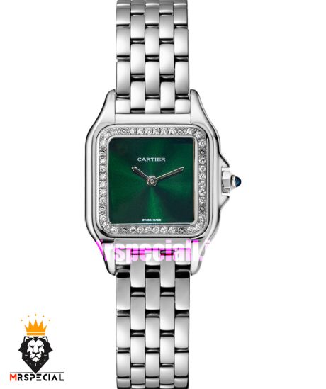 ساعت کارتیه زنانه مدل پنتر استیل قاب نگین صفحه سبز CARTIER PANTHRE 021052