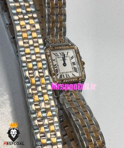 ساعت مچی زنانه کارتیر پنتر بند استیل دو دور رزگلد نقره ای قاب نگین CARTIER PANTHRE 01784
