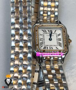 ساعت مچی زنانه کارتیر پنتر بند استیل دو دور رزگلد نقره ای قاب نگین CARTIER PANTHRE 01784