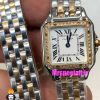 ساعت مچی زنانه کارتیر پنتر بند استیل دو دور رزگلد نقره ای قاب نگین CARTIER PANTHRE 01784