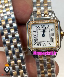 ساعت مچی زنانه کارتیر پنتر بند استیل دو دور رزگلد نقره ای قاب نگین CARTIER PANTHRE 01784