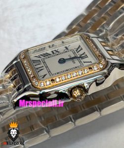 ساعت مچی زنانه کارتیر پنتر بند استیل دو دور رزگلد نقره ای قاب نگین CARTIER PANTHRE 01784