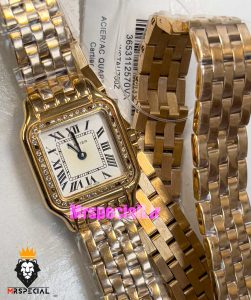 ساعت مچی زنانه کارتیر پنتر بند استیل دو دور رزگلد قاب نگین CARTIER PANTHRE 021066