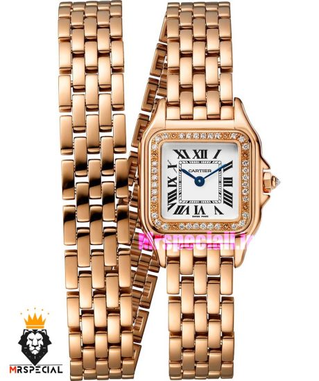 ساعت مچی زنانه کارتیر پنتر بند استیل دو دور رزگلد قاب نگین CARTIER PANTHRE 021066