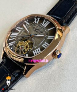ساعت کارتیه مردانه اتوماتیک بند چرم قاب رزگلد صفحه طوسی CARTIER 021343 