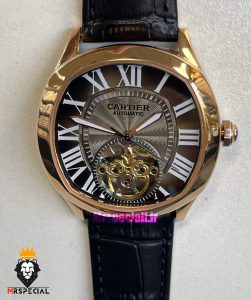 ساعت کارتیه مردانه اتوماتیک بند چرم قاب رزگلد صفحه طوسی CARTIER 021343 