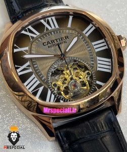 ساعت کارتیه مردانه اتوماتیک بند چرم قاب رزگلد صفحه طوسی CARTIER 021343 