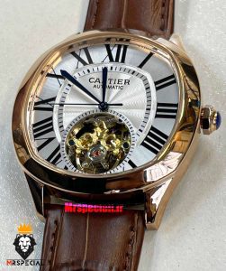 ساعت کارتیه مردانه اتوماتیک بند چرم قاب رزگلد صفحه سفید CARTIER 021344