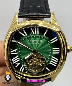 ساعت کارتیه مردانه اتوماتیک بند چرم قاب طلایی صفحه سبز CARTIER 021342 