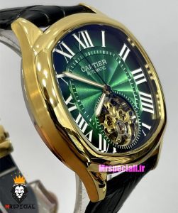 ساعت کارتیه مردانه اتوماتیک بند چرم قاب طلایی صفحه سبز CARTIER 021342 