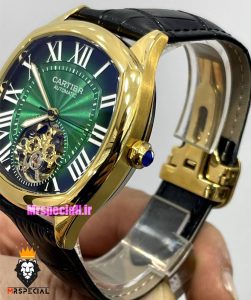 ساعت کارتیه مردانه اتوماتیک بند چرم قاب طلایی صفحه سبز CARTIER 021342 