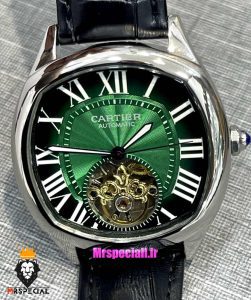 ساعت کارتیه مردانه اتوماتیک بند چرم قاب استیل صفحه سبز CARTIER 021341 