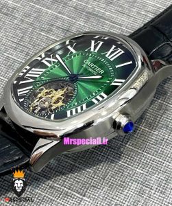 ساعت کارتیه مردانه اتوماتیک بند چرم قاب استیل صفحه سبز CARTIER 021341 
