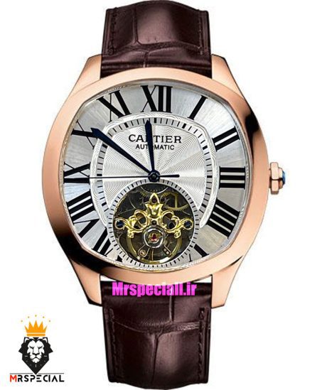 ساعت کارتیه مردانه اتوماتیک بند چرم قاب رزگلد صفحه سفید CARTIER 021344