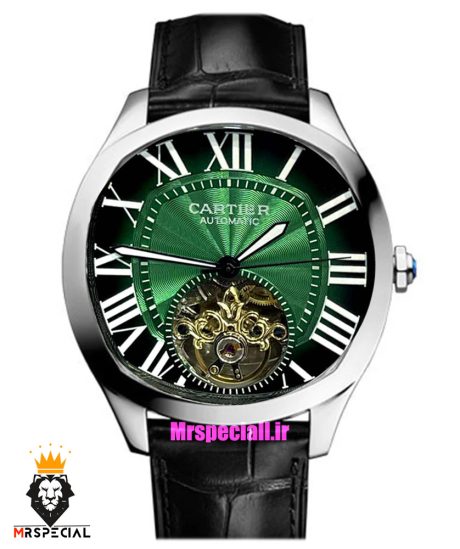 ساعت کارتیه مردانه اتوماتیک بند چرم قاب استیل صفحه سبز CARTIER 021341