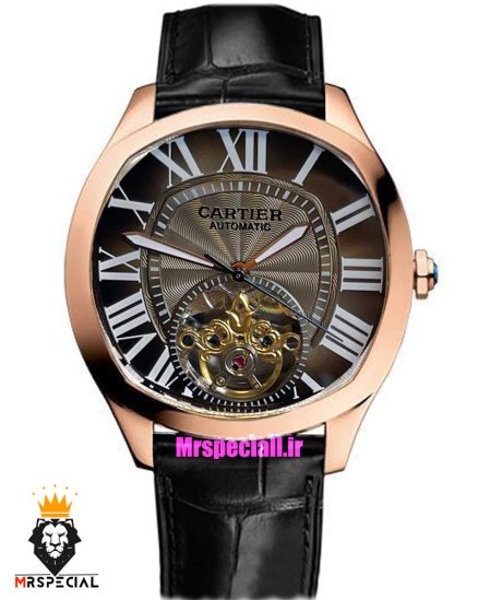 ساعت کارتیه مردانه اتوماتیک بند چرم قاب رزگلد صفحه طوسی CARTIER 021343