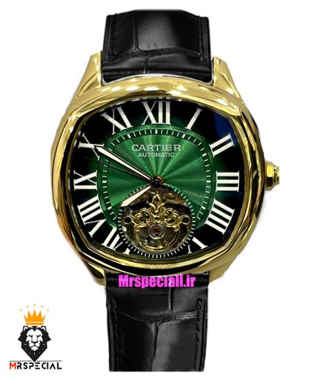 ساعت کارتیه مردانه اتوماتیک بند چرم قاب طلایی صفحه سبز CARTIER 021342