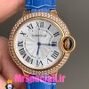 ساعت زنانه کارتیه مدل بالن بلو بند چرم ابی قاب رزگلد نگین دار صفحه سفید cartier ballon bleu 020968