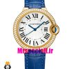 ساعت زنانه کارتیه مدل بالن بلو بند چرم ابی قاب رزگلد نگین دار صفحه سفید cartier ballon bleu 020968