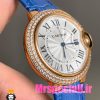 ساعت زنانه کارتیه مدل بالن بلو بند چرم ابی قاب رزگلد نگین دار صفحه سفید cartier ballon bleu 020968