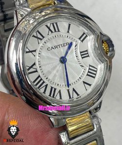 ساعت کارتیه زنانه مدل بالن بلو استیل دورنگ طلایی صفحه سفید سایز مدیوم 021334 Cartier Ballon Bleu 