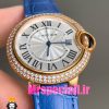 ساعت زنانه کارتیه مدل بالن بلو بند چرم ابی قاب رزگلد نگین دار صفحه سفید cartier ballon bleu 020968
