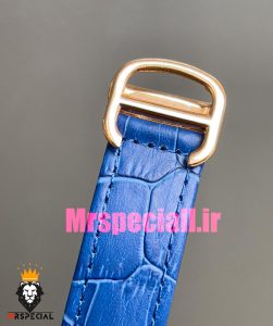 ساعت زنانه کارتیه مدل بالن بلو بند چرم ابی قاب رزگلد نگین دار صفحه سفید cartier ballon bleu 020968 