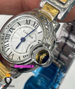 ساعت کارتیه زنانه مدل بالن بلو استیل دورنگ طلایی صفحه سفید سایز اسمال 01790 Cartier Ballon Bleu