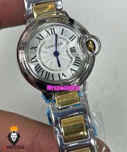 ساعت کارتیه زنانه مدل بالن بلو استیل دورنگ طلایی صفحه سفید سایز اسمال 01790 Cartier Ballon Bleu