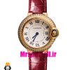 ساعت زنانه کارتیه مدل بالن بلو بند چرم قرمز قاب رزگلد نگین دار صفحه سفید cartier ballon bleu 020967