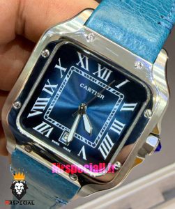 ساعت کارتیه مردانه مدل دسانتوس بند چرم ابی صفحه ابی 021494 Cartier Santos de