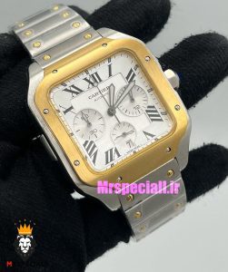 ساعت کارتیه مردانه مدل دسانتوس کرنوگراف دورنگ طلایی صفحه سفید 021149 Cartier Santos de 