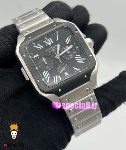 ساعت کارتیه مردانه مدل دسانتوس کرنوگراف بند استیل صفحه مشکی 021148 Cartier Santos de 